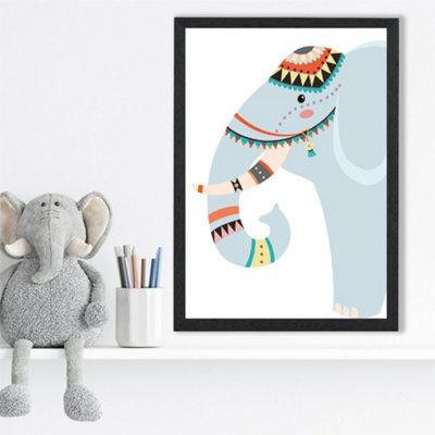 Artze Wall Art Peeking Elephant Tribal Animal Framed Print Size: A3 With Black Frame from B&Q