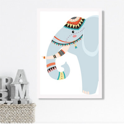 Artze Wall Art Peeking Elephant Tribal Animal Framed Print Size: A3 With White Frame from B&Q