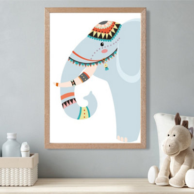 Artze Wall Art Peeking Elephant Tribal Animal Framed Print Size: A3 With Oak Frame from B&Q