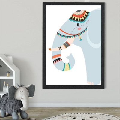 Artze Wall Art Peeking Elephant Tribal Animal Framed Print Size: A2 With Black Frame from B&Q
