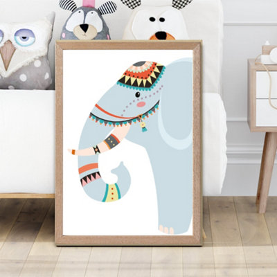 Artze Wall Art Peeking Elephant Tribal Animal Framed Print Size: A2 With Oak Frame from B&Q