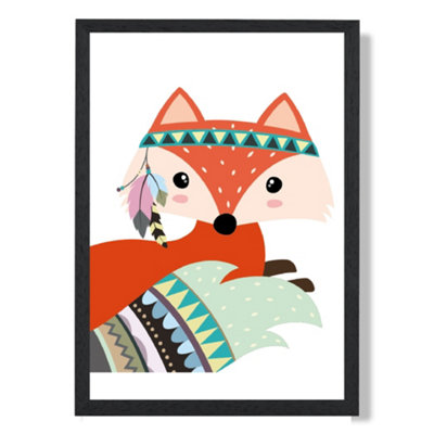 Artze Wall Art Peeking Red Fox Tribal Animal Art Print With Black Frame Size: A4 from B&Q