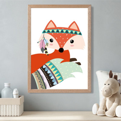 Artze Wall Art Peeking Red Fox Tribal Animal Framed Print Size: A3 With Oak Frame from B&Q