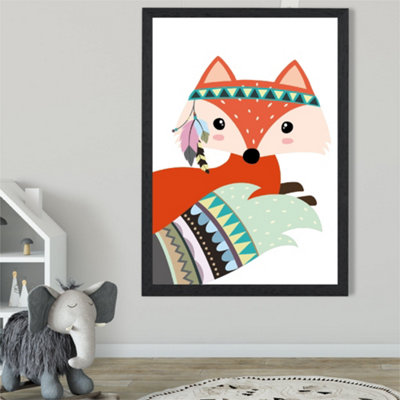 Artze Wall Art Peeking Red Fox Tribal Animal Framed Print Size: A2 With Black Frame from B&Q