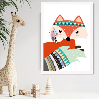 Artze Wall Art Peeking Red Fox Tribal Animal Framed Print Size: A2 With White Frame from B&Q