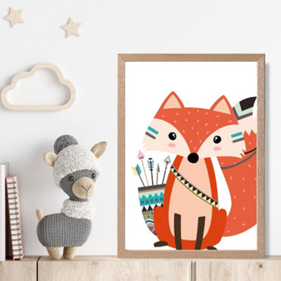 Artze Wall Art Sitting Red Fox Tribal Animal Framed Print Size: A4 With Oak Frame from B&Q