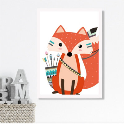 Artze Wall Art Sitting Red Fox Tribal Animal Framed Print Size: A3 With White Frame from B&Q