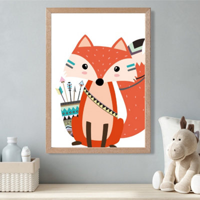 Artze Wall Art Sitting Red Fox Tribal Animal Framed Print Size: A3 With Oak Frame from B&Q