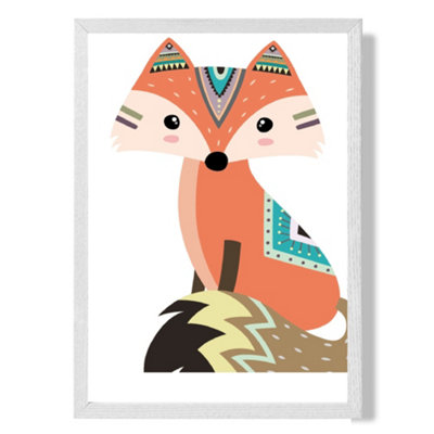 Artze Wall Art Sitting Orange Fox Tribal Animal Art Print With White Frame Size: A4 from B&Q