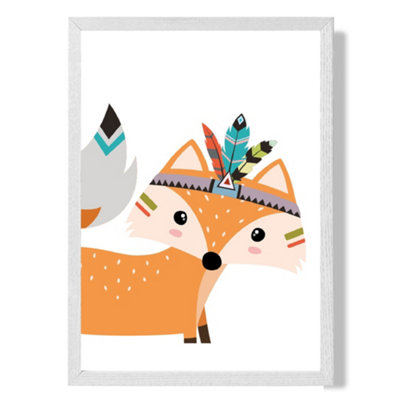 Artze Wall Art Peeking Orange Fox Tribal Animal Art Print With White Frame Size: A4 from B&Q