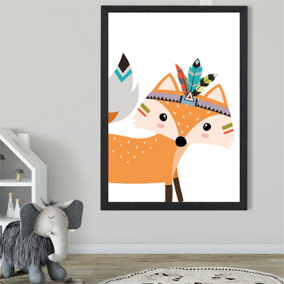 Artze Wall Art Peeking Orange Fox Tribal Animal Framed Print Size: A2 With Black Frame from B&Q