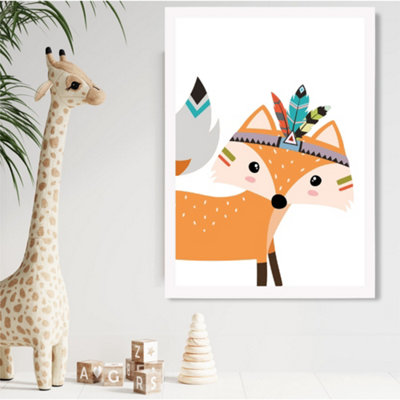 Artze Wall Art Peeking Orange Fox Tribal Animal Framed Print Size: A2 With White Frame from B&Q