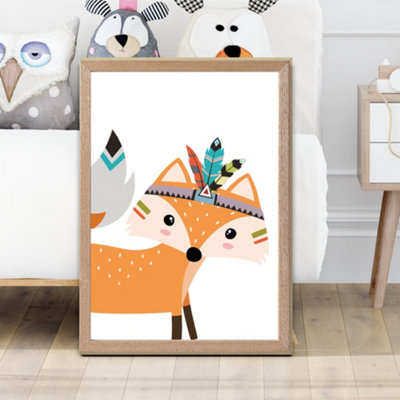 Artze Wall Art Peeking Orange Fox Tribal Animal Framed Print Size: A2 With Oak Frame from B&Q