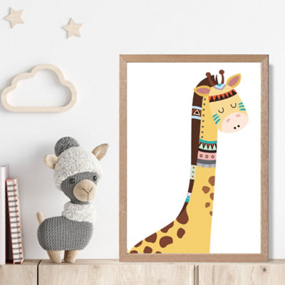 Artze Wall Art Peeking Giraffe Tribal Animal Framed Print Size: A4 With Oak Frame from B&Q