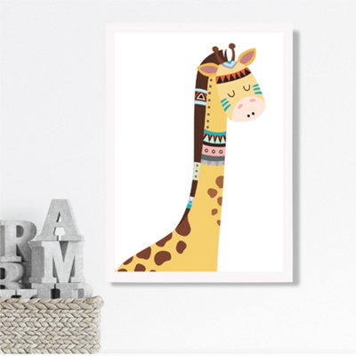 Artze Wall Art Peeking Giraffe Tribal Animal Framed Print Size: A3 With White Frame from B&Q
