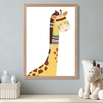 Artze Wall Art Peeking Giraffe Tribal Animal Framed Print Size: A3 With Oak Frame from B&Q