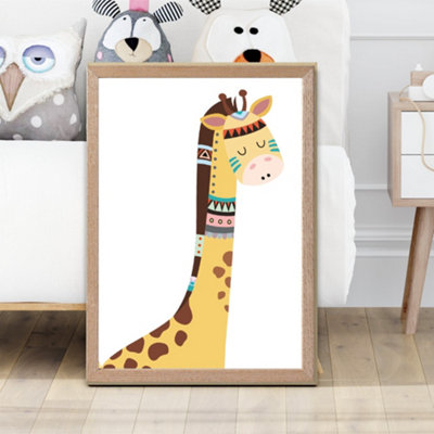 Artze Wall Art Peeking Giraffe Tribal Animal Framed Print Size: A2 With Oak Frame from B&Q