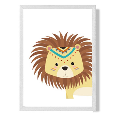 Artze Wall Art Peeking Lion Tribal Animal Art Print With White Frame Size: A4 from B&Q