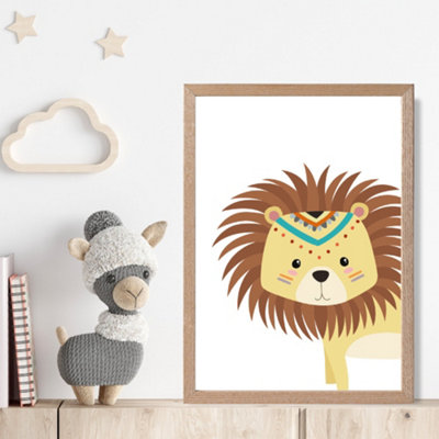 Artze Wall Art Peeking Lion Tribal Animal Framed Print Size: A4 With Oak Frame from B&Q