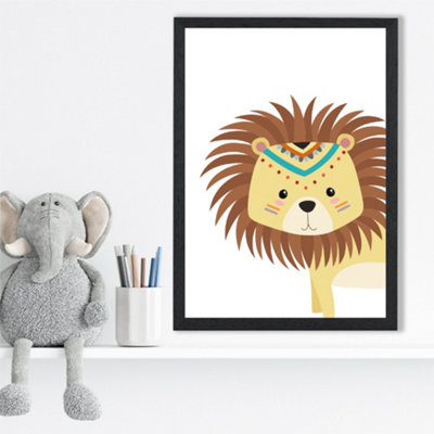 Artze Wall Art Peeking Lion Tribal Animal Framed Print Size: A3 With Black Frame from B&Q