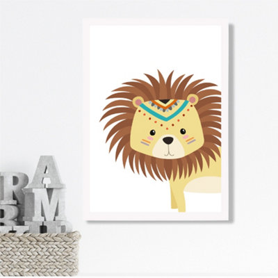 Artze Wall Art Peeking Lion Tribal Animal Framed Print Size: A3 With White Frame from B&Q