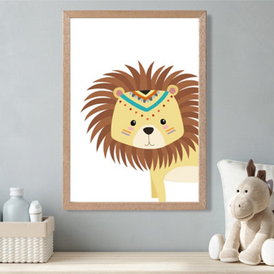 Artze Wall Art Peeking Lion Tribal Animal Framed Print Size: A3 With Oak Frame from B&Q