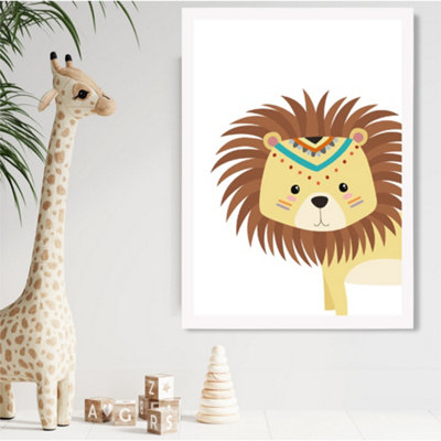 Artze Wall Art Peeking Lion Tribal Animal Framed Print Size: A2 With White Frame from B&Q