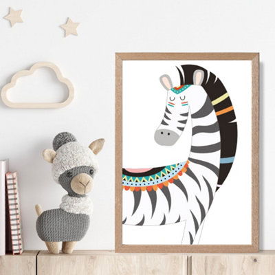 Artze Wall Art Peeking Zebra Tribal Animal Framed Print Size: A4 With Oak Frame from B&Q