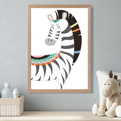 Artze Wall Art Peeking Zebra Tribal Animal Framed Print Size: A3 With Oak Frame from B&Q