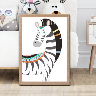 Artze Wall Art Peeking Zebra Tribal Animal Framed Print Size: A2 With Oak Frame from B&Q
