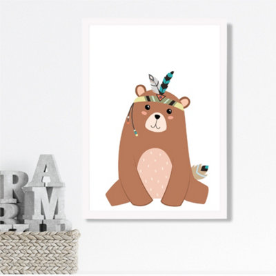 Artze Wall Art Sitting Bear Tribal Animal Framed Print Size: A3 With White Frame from B&Q