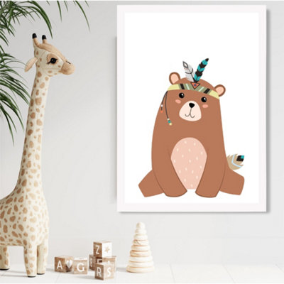 Artze Wall Art Sitting Bear Tribal Animal Framed Print Size: A2 With White Frame from B&Q
