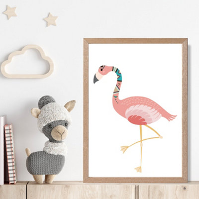 Artze Wall Art Flamingo Tribal Animal Framed Print Size: A4 With Oak Frame from B&Q