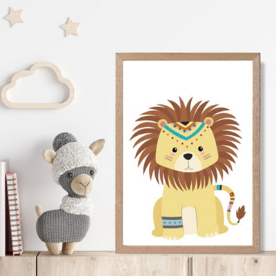 Artze Wall Art Lion Tribal Animal Framed Print Size: A4 With Oak Frame from B&Q