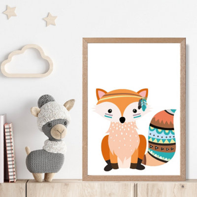 Artze Wall Art Orange Fox Tribal Animal Framed Print Size: A4 With Oak Frame from B&Q