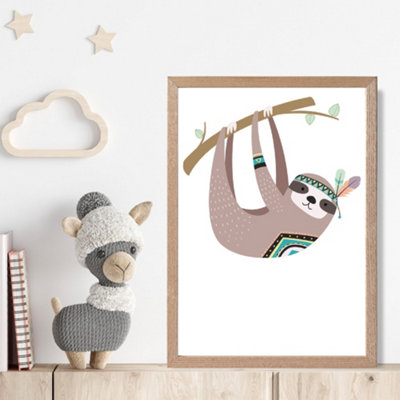 Artze Wall Art Sloth Tribal Animal Framed Print Size: A4 With Oak Frame from B&Q