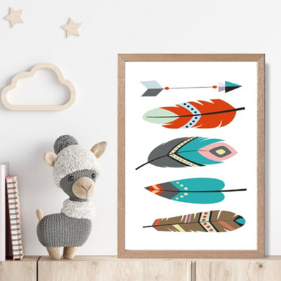 Artze Wall Art Tribal Feathers Framed Print Size: A4 With Oak Frame from B&Q