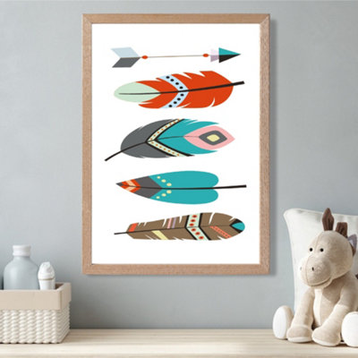 Artze Wall Art Tribal Feathers Framed Print Size: A3 With Oak Frame from B&Q