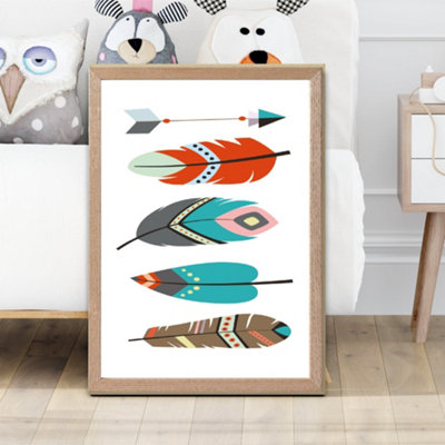 Artze Wall Art Tribal Feathers Framed Print Size: A2 With Oak Frame from B&Q