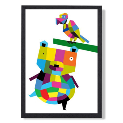 Artze Wall Art Bear Bright Geometric Animal Art Print With Black Frame Size: A4 from B&Q