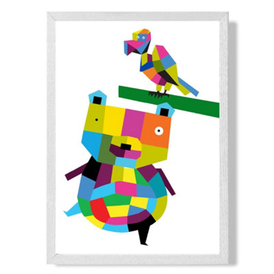 Artze Wall Art Bear Bright Geometric Animal Art Print With White Frame Size: A4 from B&Q
