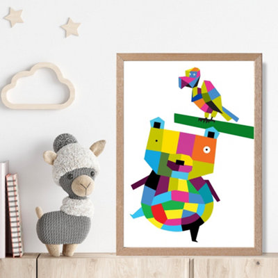 Artze Wall Art Bear Bright Geometric Animal Framed Print Size: A4 With Oak Frame from B&Q