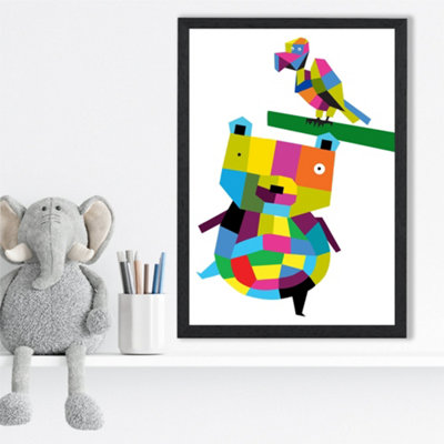 Artze Wall Art Bear Bright Geometric Animal Framed Print Size: A3 With Black Frame from B&Q