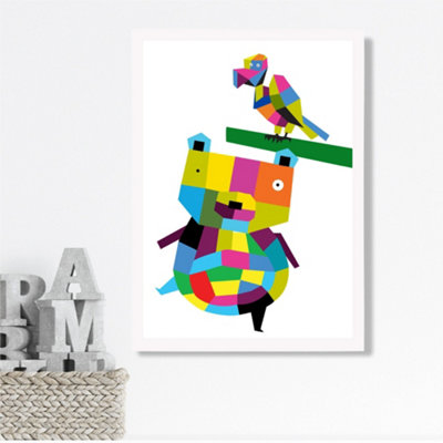 Artze Wall Art Bear Bright Geometric Animal Framed Print Size: A3 With White Frame from B&Q