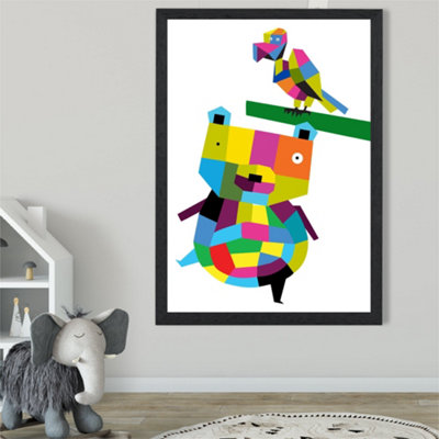 Artze Wall Art Bear Bright Geometric Animal Framed Print Size: A2 With Black Frame from B&Q