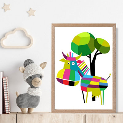 Artze Wall Art Cow Bright Geometric Animal Framed Print Size: A4 With Oak Frame from B&Q