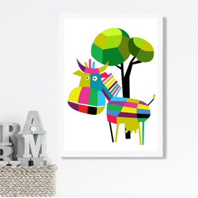 Artze Wall Art Cow Bright Geometric Animal Framed Print Size: A3 With White Frame from B&Q