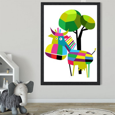 Artze Wall Art Cow Bright Geometric Animal Framed Print Size: A2 With Black Frame from B&Q
