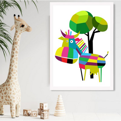 Artze Wall Art Cow Bright Geometric Animal Framed Print Size: A2 With White Frame from B&Q