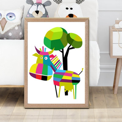 Artze Wall Art Cow Bright Geometric Animal Framed Print Size: A2 With Oak Frame from B&Q